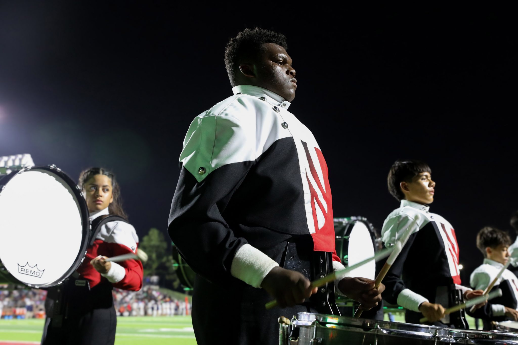 Drummers from the North Shore High School practicing  at Galina Park ISD Stadium Friday, October 27th, 2023 in Houston, TX. The band was rehearsing before getting on the field following Atascasita High School's Marching Band.