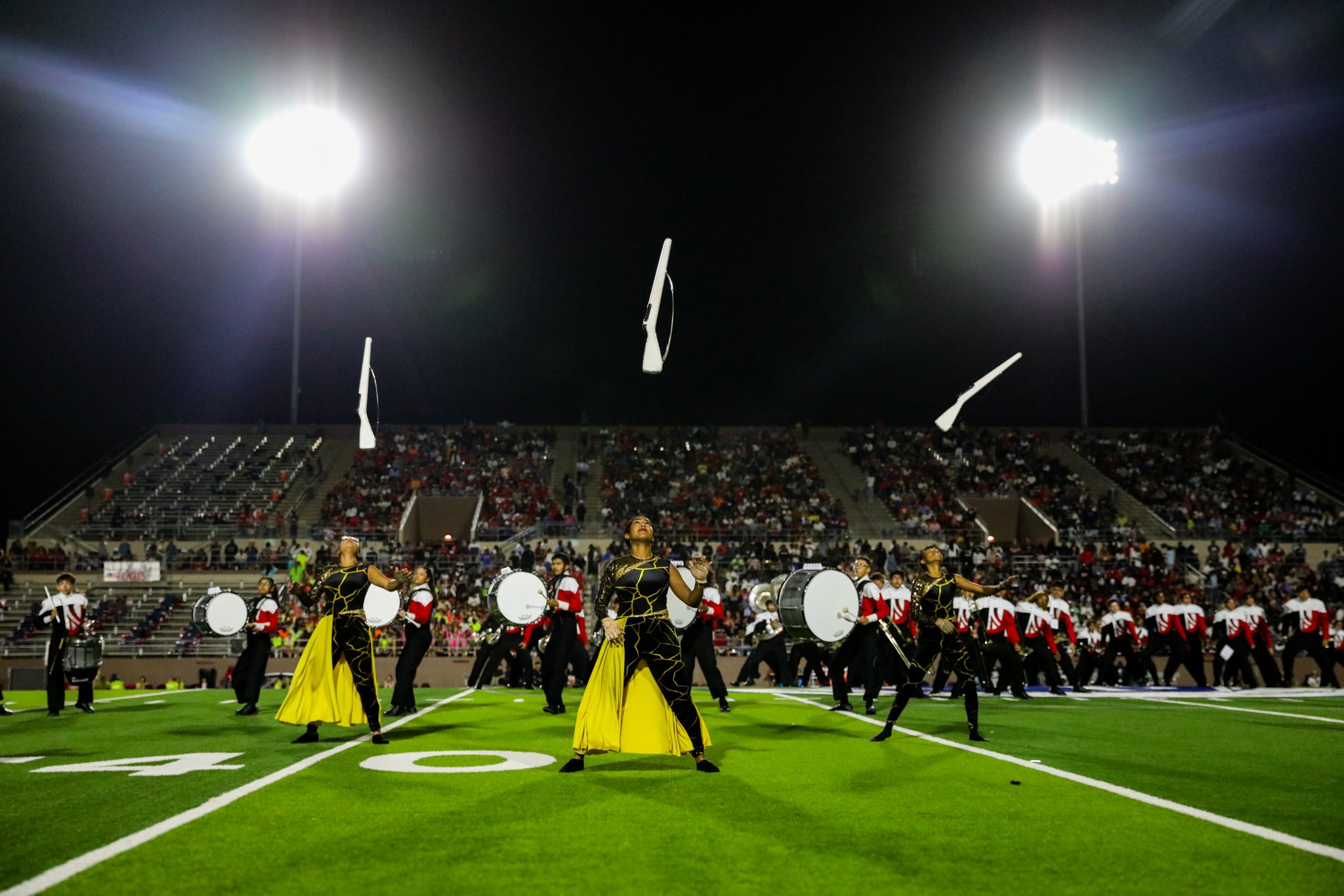 North Shore Marching Band performing during half -time at Galina Park ISD Stadium Friday, October 27, 2023. The band took over the entire field being completely in sync with one another.